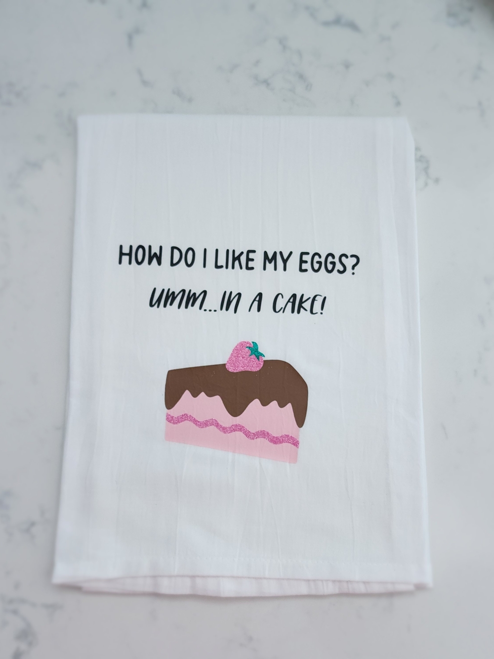 White Kitchen Towel with Pink Cake Design - Humorous Printed Dish Towel